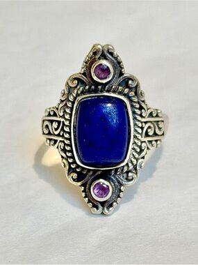 Bali Legacy Sterling Silver 925 Lapis Lazuli Ornate Artisan Statement Ring 7/7.5